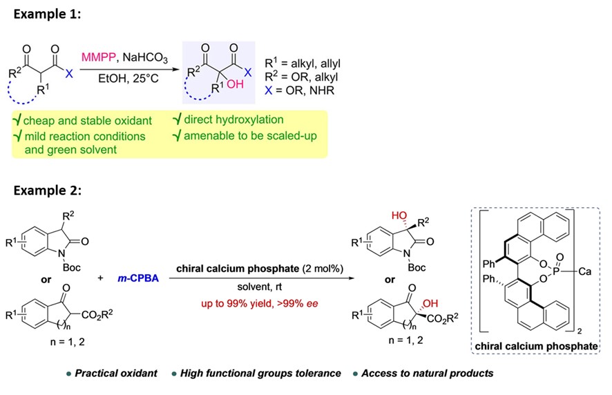 Fig 2. Rubottom oxidation using MMPP as the oxidant; asymmetric catalysis of Rubottom-type oxidation reactions.